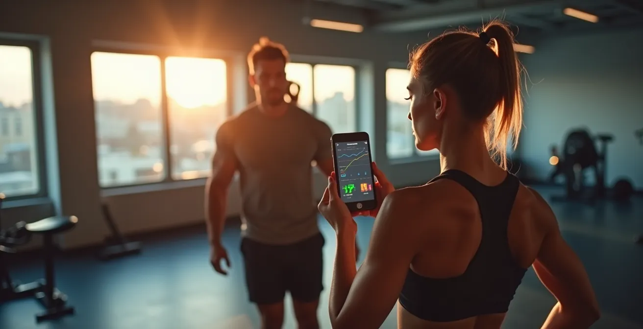 Vue arrière d'un athlète consultant ses données de performance sur un support digital