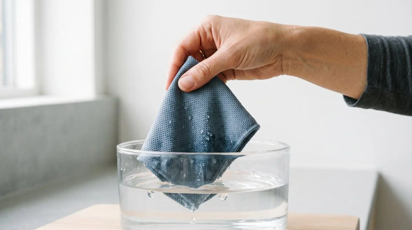 Main professionnelle trempant un textile rafraîchissant à fibres super-absorbantes dans un récipient d'eau claire, gouttelettes visibles sur le tissu