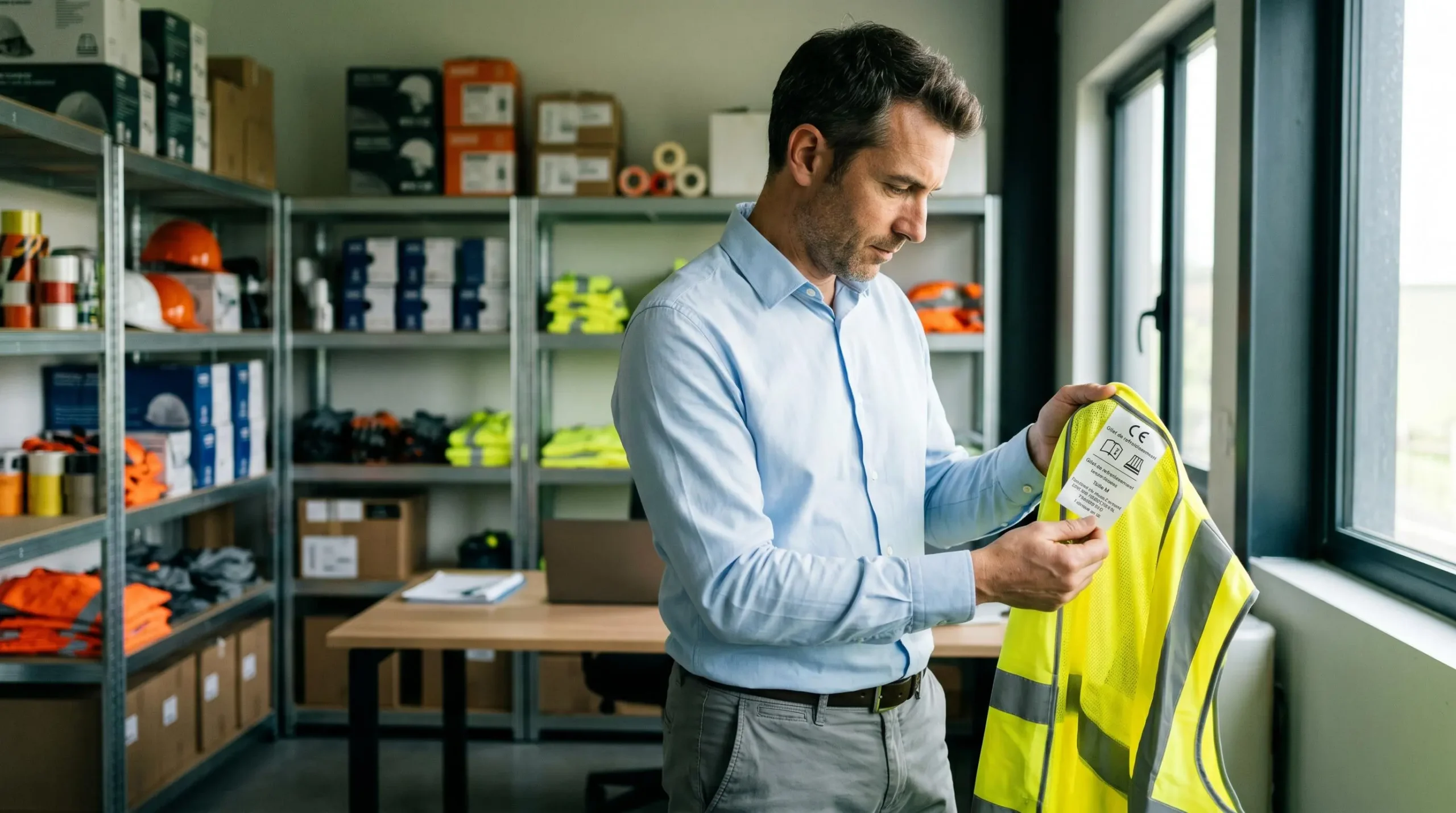 Responsable HSE examinant l'étiquette de conformité et le marquage CE d'une veste rafraîchissante haute visibilité dans un bureau professionnel français